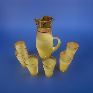 Vtg Lot Blendo Yellow Ombre Frosted Glass Set BIG Pitcher & 6 Tumblers MCM Decor